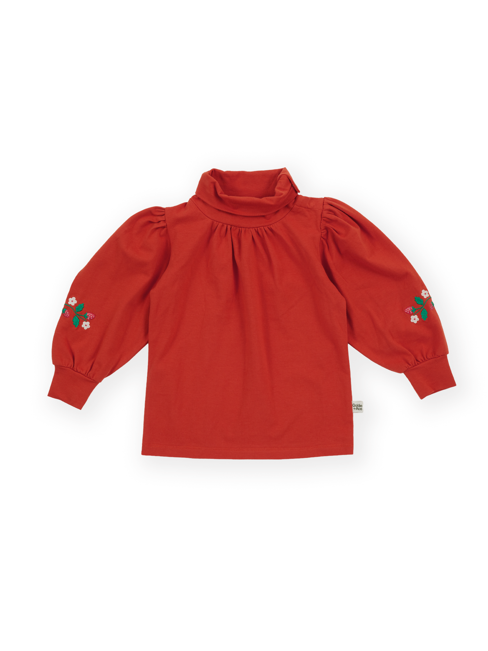 The Goldie + Ace Sofia Strawberry Puff Sleeve Skivvy in Red pictured on a transparent background. The material is 100% cotton. It is a t-shirt made for babies, toddlers and kids.