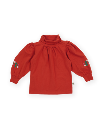 The Goldie + Ace Sofia Strawberry Puff Sleeve Skivvy in Red pictured on a transparent background. The material is 100% cotton. It is a t-shirt made for babies, toddlers and kids.