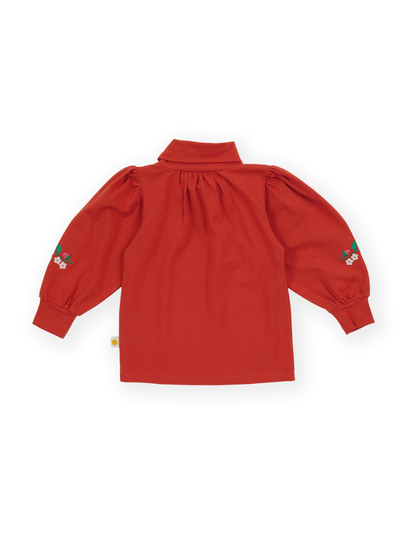 The Goldie + Ace Sofia Strawberry Puff Sleeve Skivvy in Red pictured on a transparent background. The material is 100% cotton. It is a t-shirt made for babies, toddlers and kids.