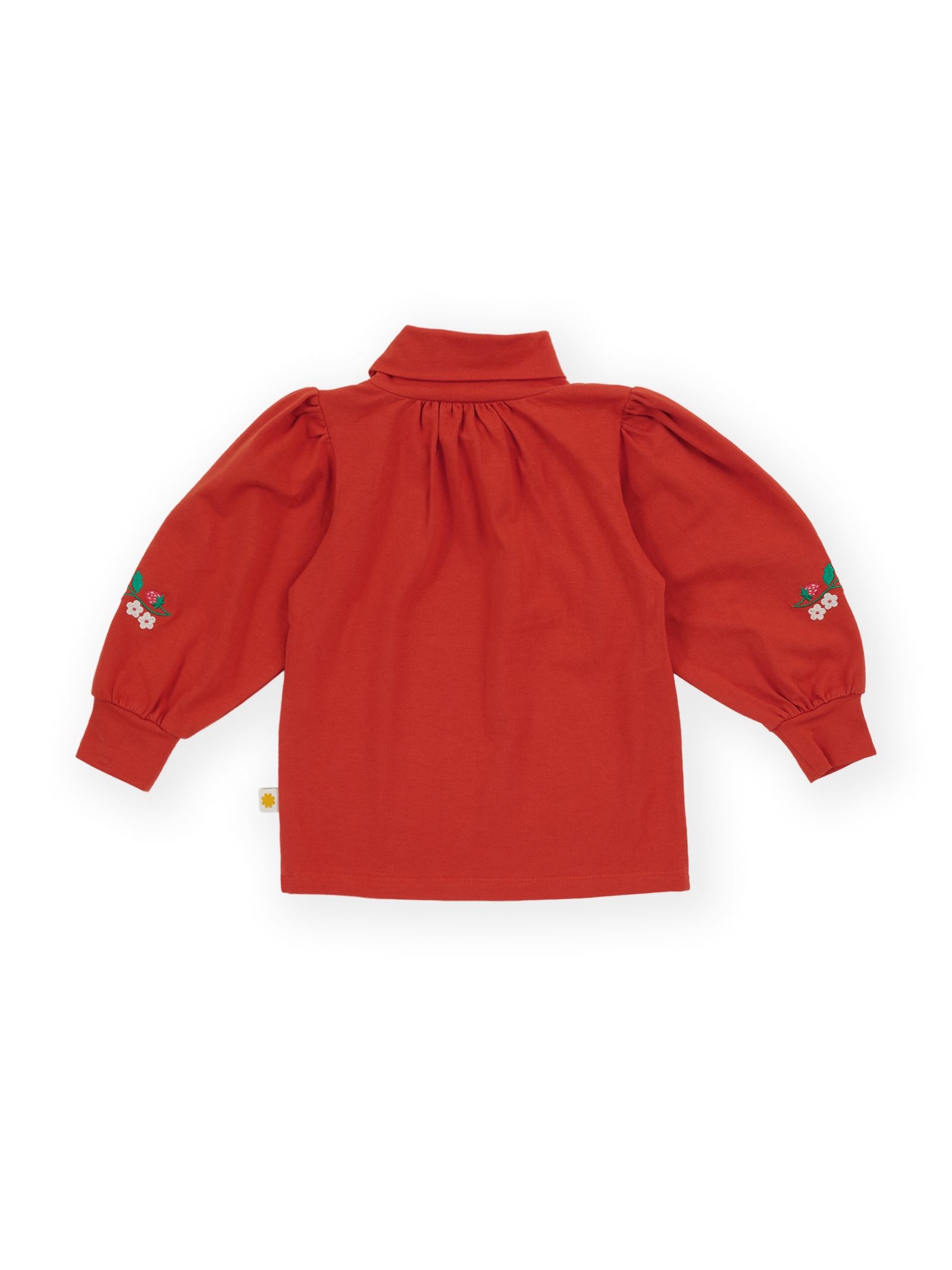 The Goldie + Ace Sofia Strawberry Puff Sleeve Skivvy in Red pictured on a transparent background. The material is 100% cotton. It is a t-shirt made for babies, toddlers and kids.
