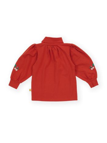 The Goldie + Ace Sofia Strawberry Puff Sleeve Skivvy in Red pictured on a transparent background. The material is 100% cotton. It is a t-shirt made for babies, toddlers and kids.