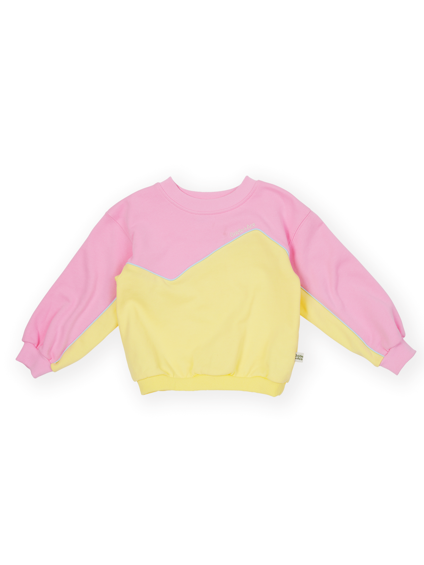 The Goldie + Ace Zig Zag Sweat in Pink &amp; Yellow pictured on a transparent background. The material is 100% cotton. It is a sweater made for babies, toddlers and kids.