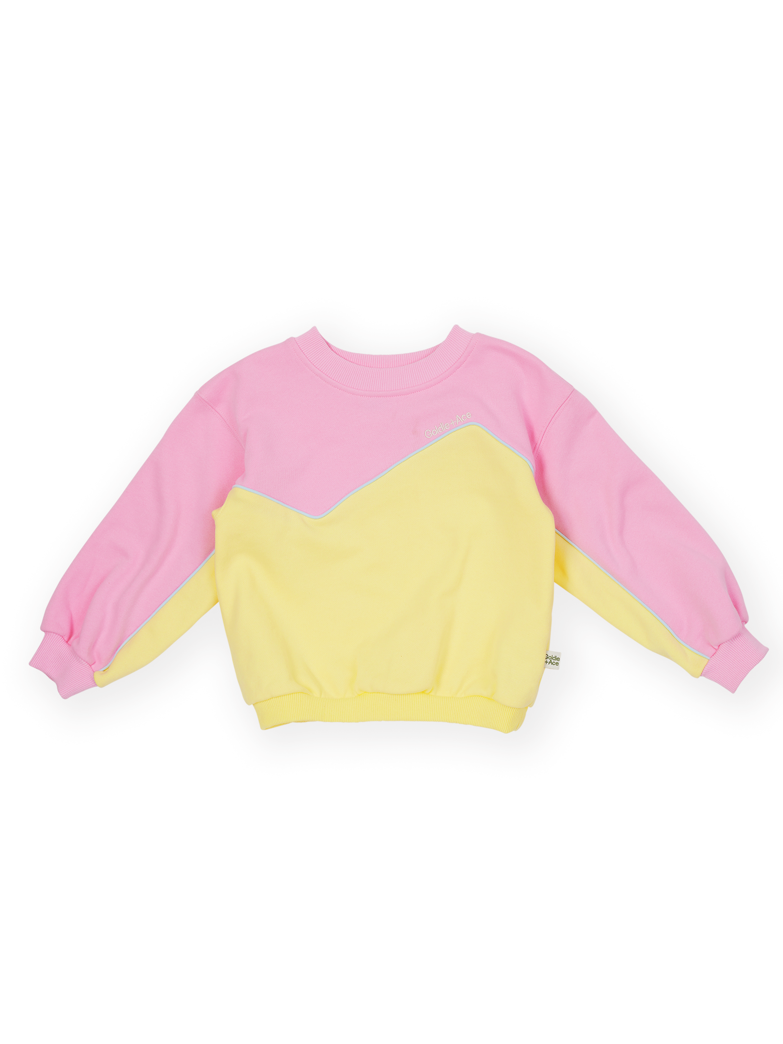 The Goldie + Ace Zig Zag Sweat in Pink & Yellow pictured on a transparent background. The material is 100% cotton. It is a sweater made for babies, toddlers and kids.