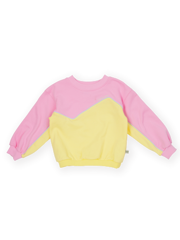 The Goldie + Ace Zig Zag Sweat in Pink & Yellow pictured on a transparent background. The material is 100% cotton. It is a sweater made for babies, toddlers and kids.