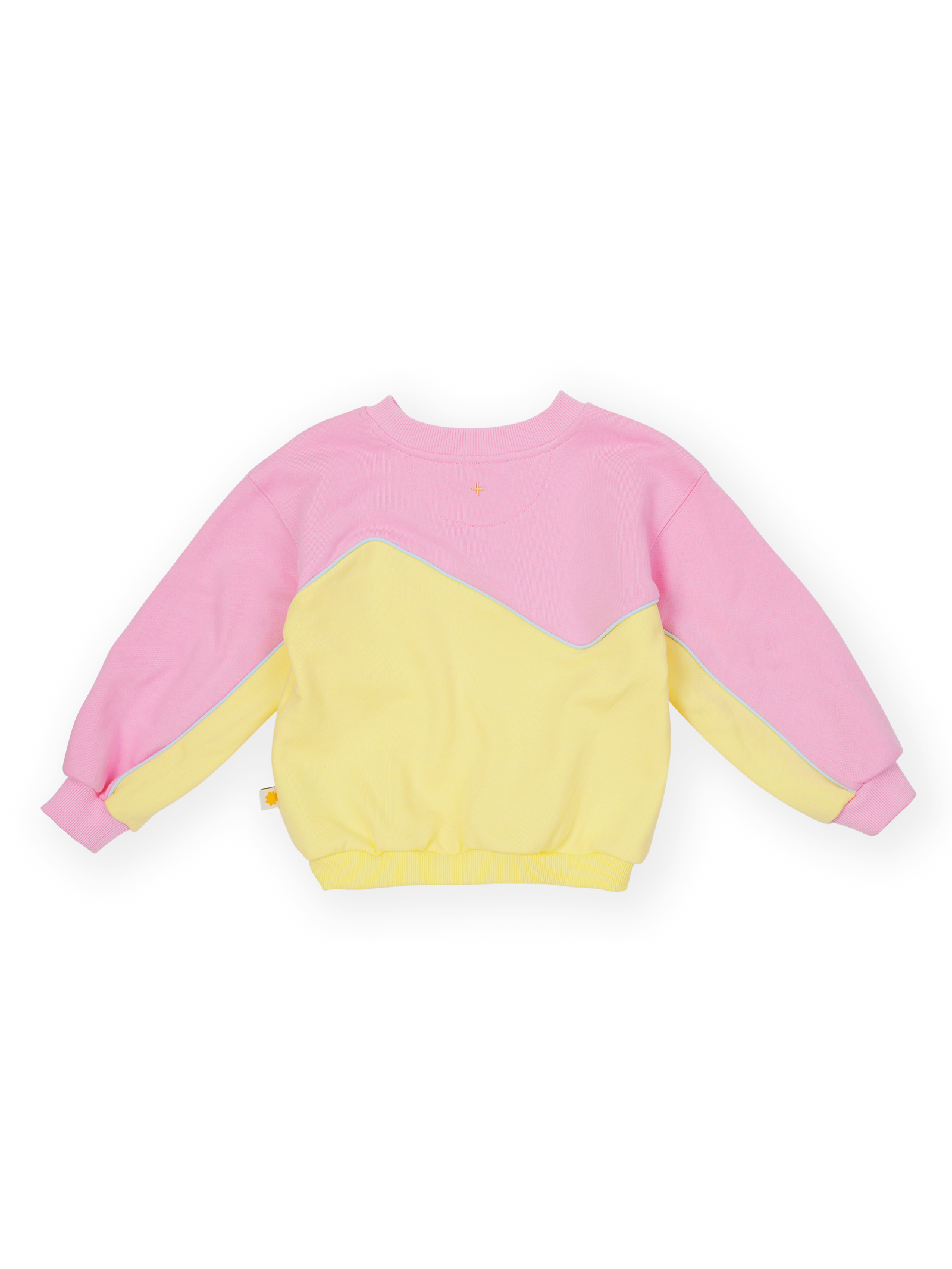 The Goldie + Ace Zig Zag Sweat in Pink & Yellow pictured on a transparent background. The material is 100% cotton. It is a sweater made for babies, toddlers and kids.