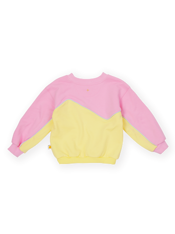 The Goldie + Ace Zig Zag Sweat in Pink & Yellow pictured on a transparent background. The material is 100% cotton. It is a sweater made for babies, toddlers and kids.