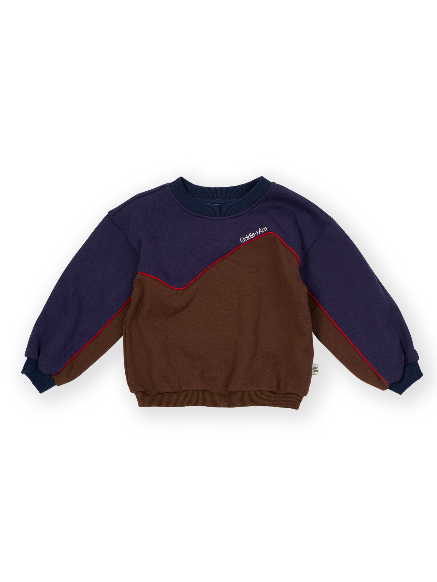 The Goldie + Ace Zig Zag Sweat in Navy &amp; Brown pictured on a transparent background. The material is 100% cotton. It is a sweater made for babies, toddlers and kids.