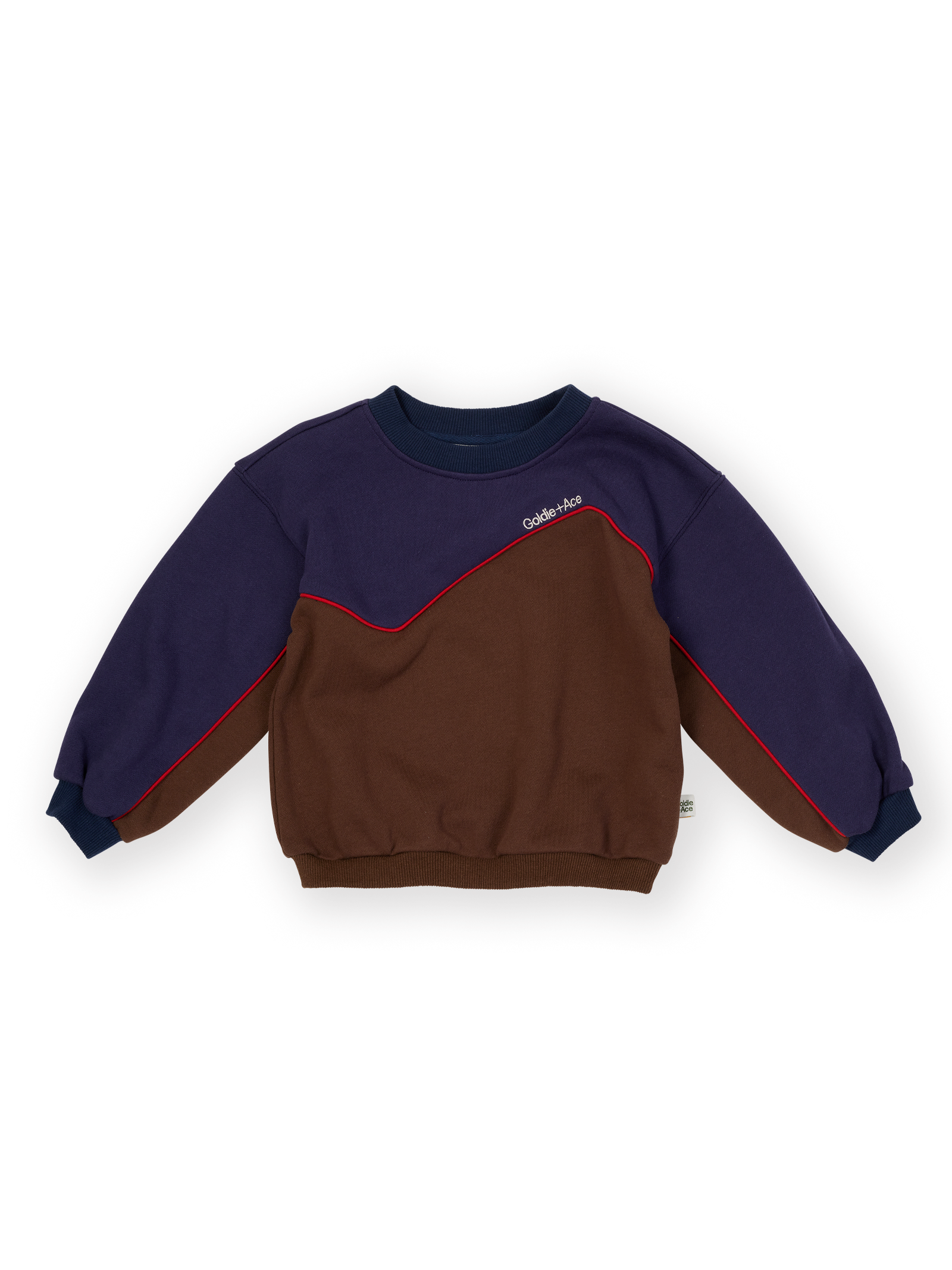 The Goldie + Ace Zig Zag Sweat in Navy & Brown pictured on a transparent background. The material is 100% cotton. It is a sweater made for babies, toddlers and kids.