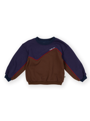 The Goldie + Ace Zig Zag Sweat in Navy & Brown pictured on a transparent background. The material is 100% cotton. It is a sweater made for babies, toddlers and kids.