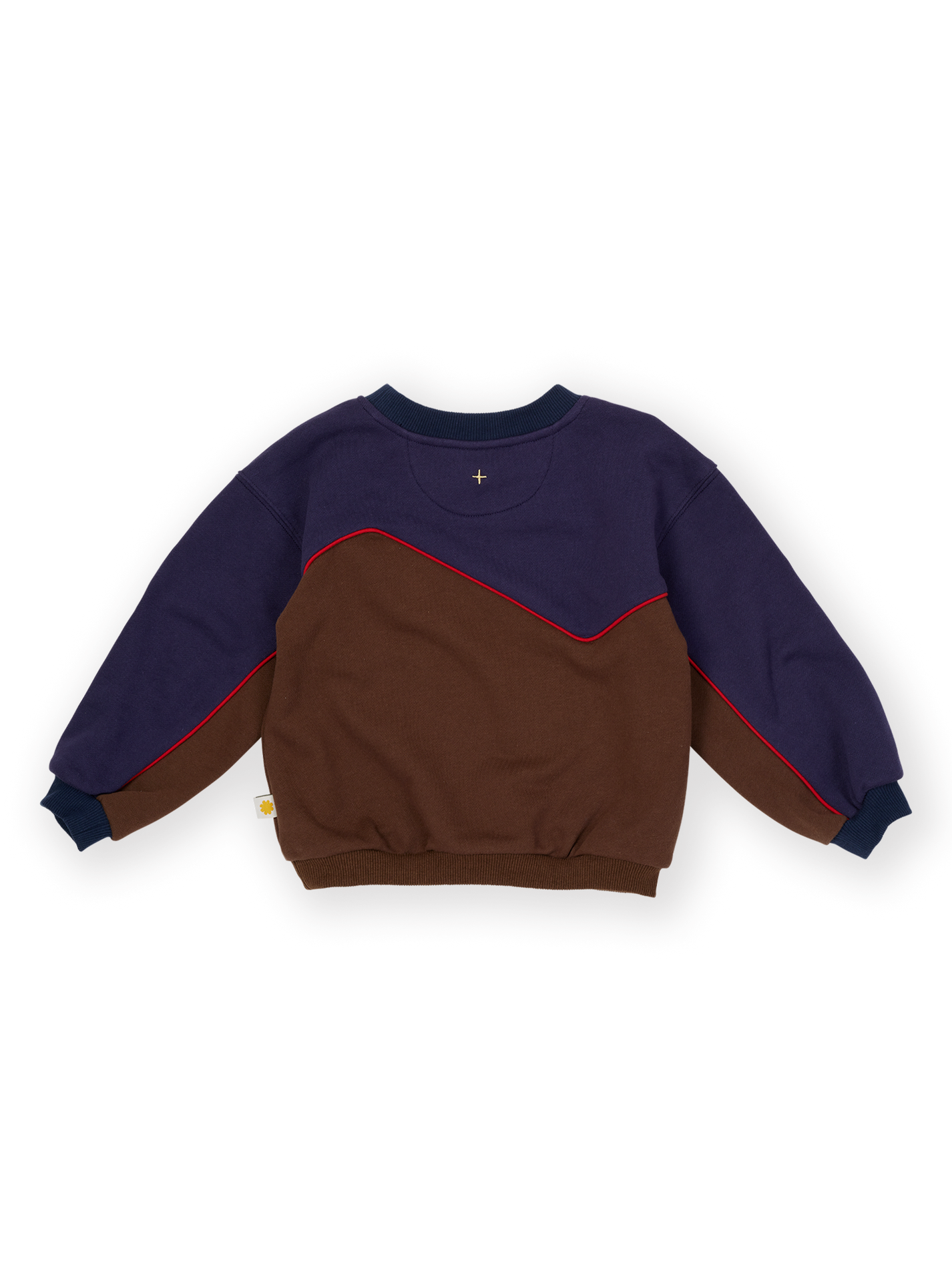 The Goldie + Ace Zig Zag Sweat in Navy &amp; Brown pictured on a transparent background. The material is 100% cotton. It is a sweater made for babies, toddlers and kids.