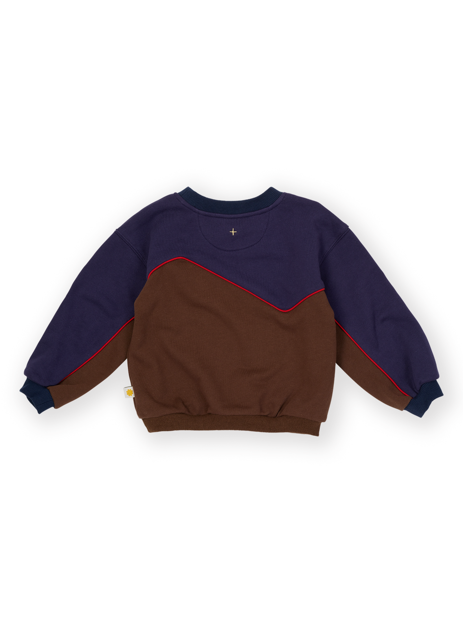 The Goldie + Ace Zig Zag Sweat in Navy & Brown pictured on a transparent background. The material is 100% cotton. It is a sweater made for babies, toddlers and kids.