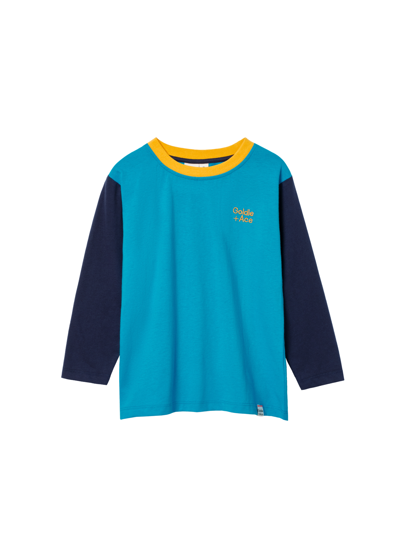 The Goldie + Ace Colour Block Top Blue in Blue/Mustard pictured on a transparent background. The material is 100% cotton. It is a t-shirt made for babies, toddlers and kids.