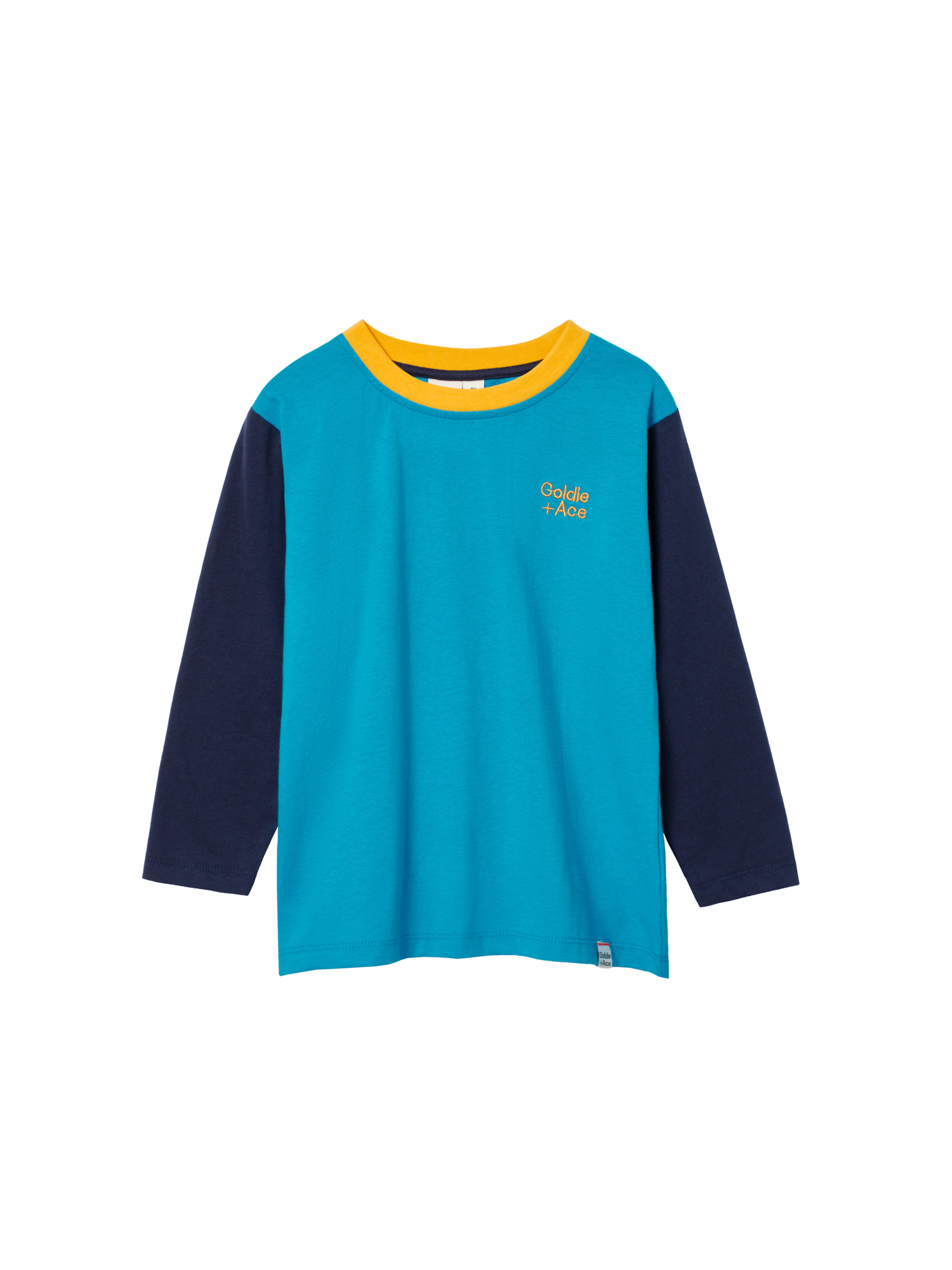 The Goldie + Ace Colour Block Top Blue in Blue/Mustard pictured on a transparent background. The material is 100% cotton. It is a t-shirt made for babies, toddlers and kids.