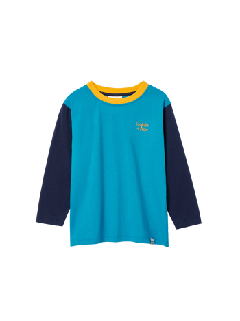 The Goldie + Ace Colour Block Top Blue in Blue/Mustard pictured on a transparent background. The material is 100% cotton. It is a t-shirt made for babies, toddlers and kids.