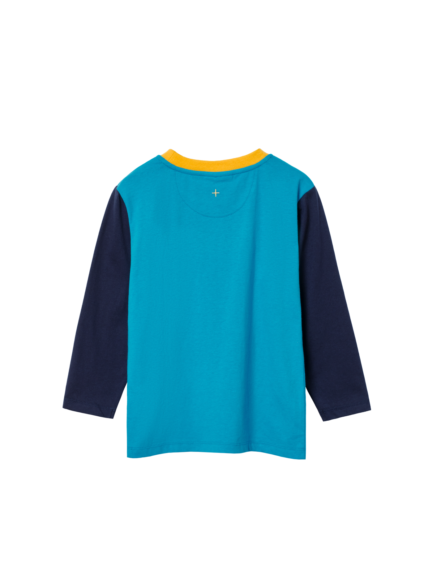 The Goldie + Ace Colour Block Top Blue in Blue/Mustard pictured on a transparent background. The material is 100% cotton. It is a t-shirt made for babies, toddlers and kids.
