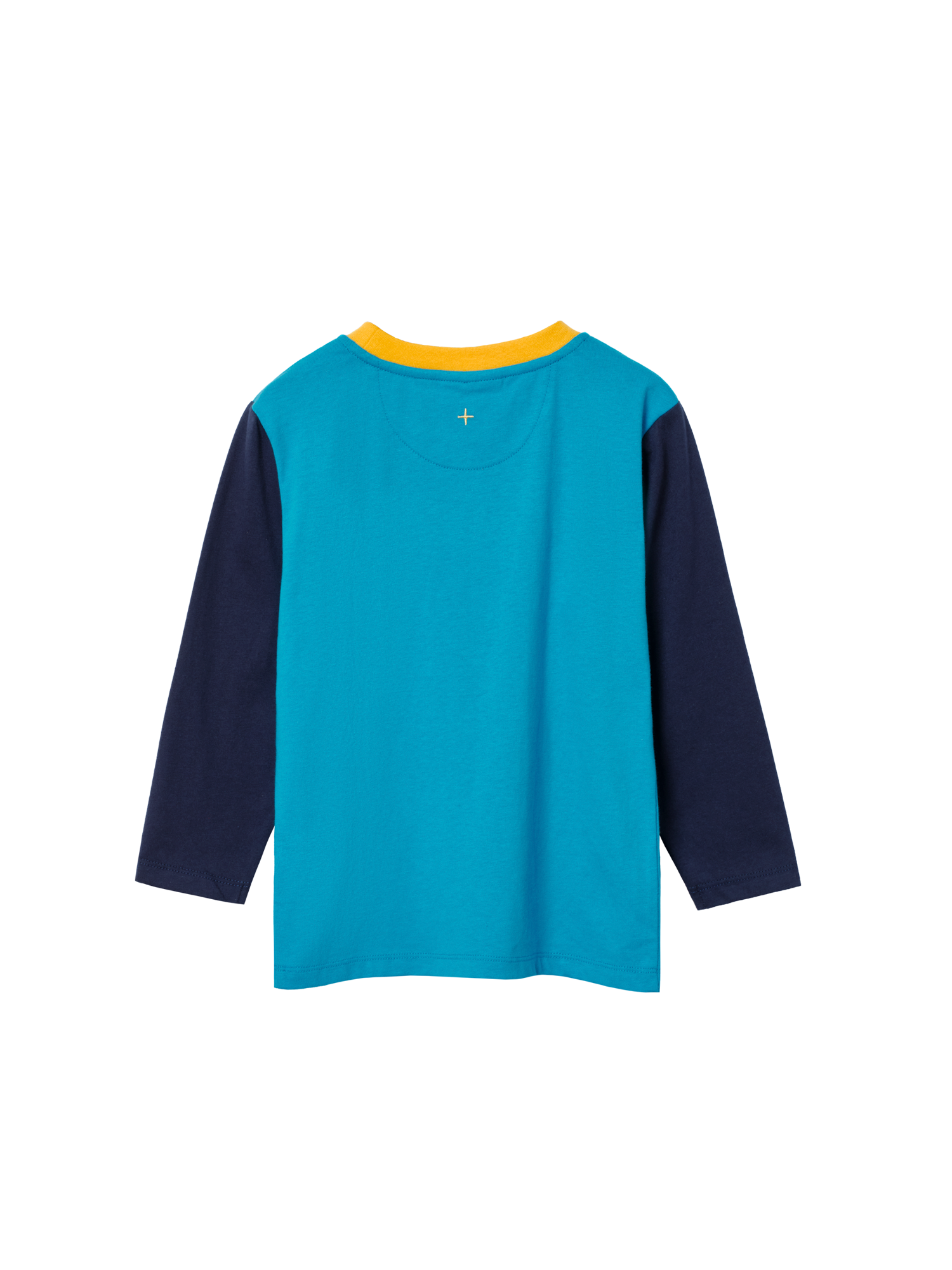 The Goldie + Ace Colour Block Top Blue in Blue/Mustard pictured on a transparent background. The material is 100% cotton. It is a t-shirt made for babies, toddlers and kids.