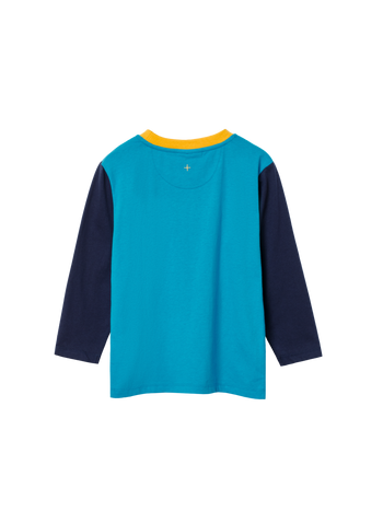 The Goldie + Ace Colour Block Top Blue in Blue/Mustard pictured on a transparent background. The material is 100% cotton. It is a t-shirt made for babies, toddlers and kids.