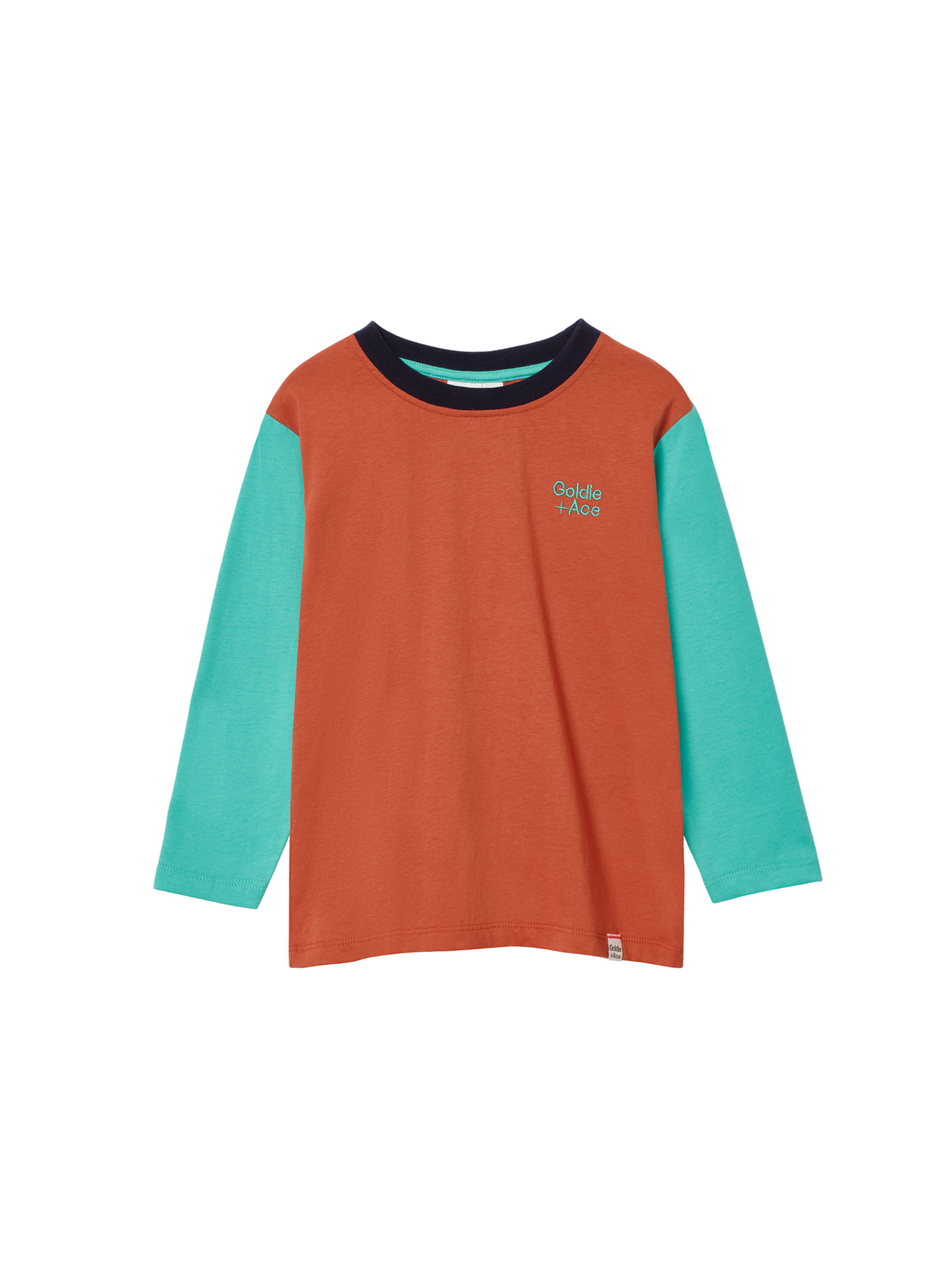 The Goldie + Ace Colour Block Top Rust in Rust/Green pictured on a transparent background. The material is 100% cotton. It is a t-shirt made for babies, toddlers and kids.