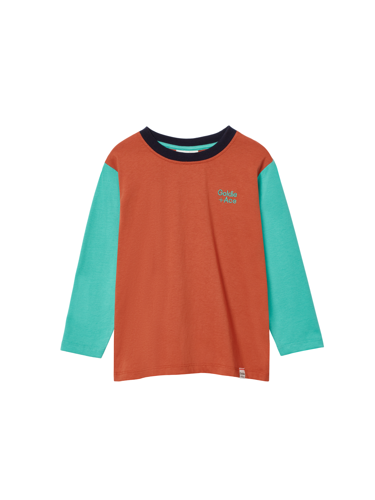 The Goldie + Ace Colour Block Top Rust in Rust/Green pictured on a transparent background. The material is 100% cotton. It is a t-shirt made for babies, toddlers and kids.