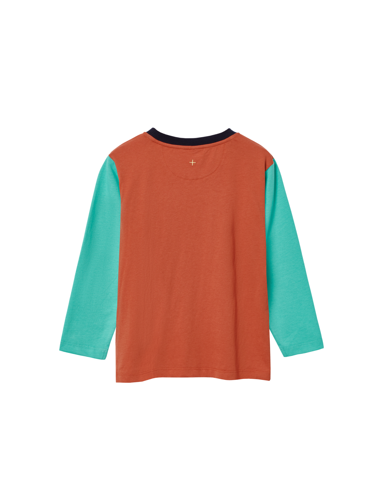 The Goldie + Ace Colour Block Top Rust in Rust/Green pictured on a transparent background. The material is 100% cotton. It is a t-shirt made for babies, toddlers and kids.