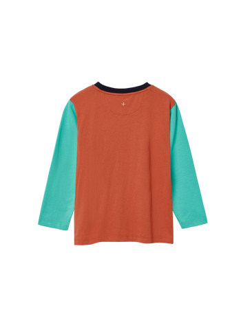 The Goldie + Ace Colour Block Top Rust in Rust/Green pictured on a transparent background. The material is 100% cotton. It is a t-shirt made for babies, toddlers and kids.