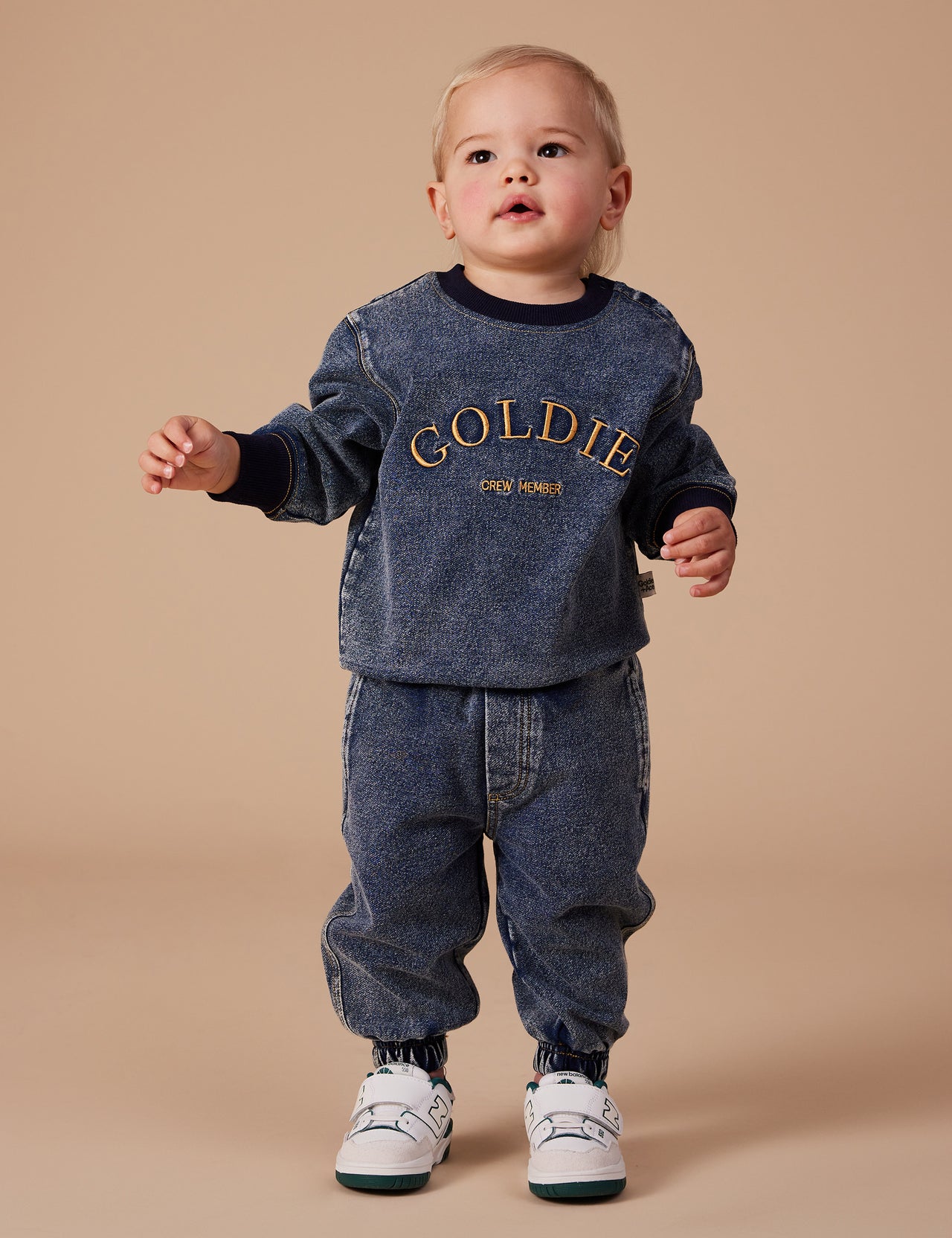 Goldie Crew Embroidered Denim Look Sweater Dark Denim