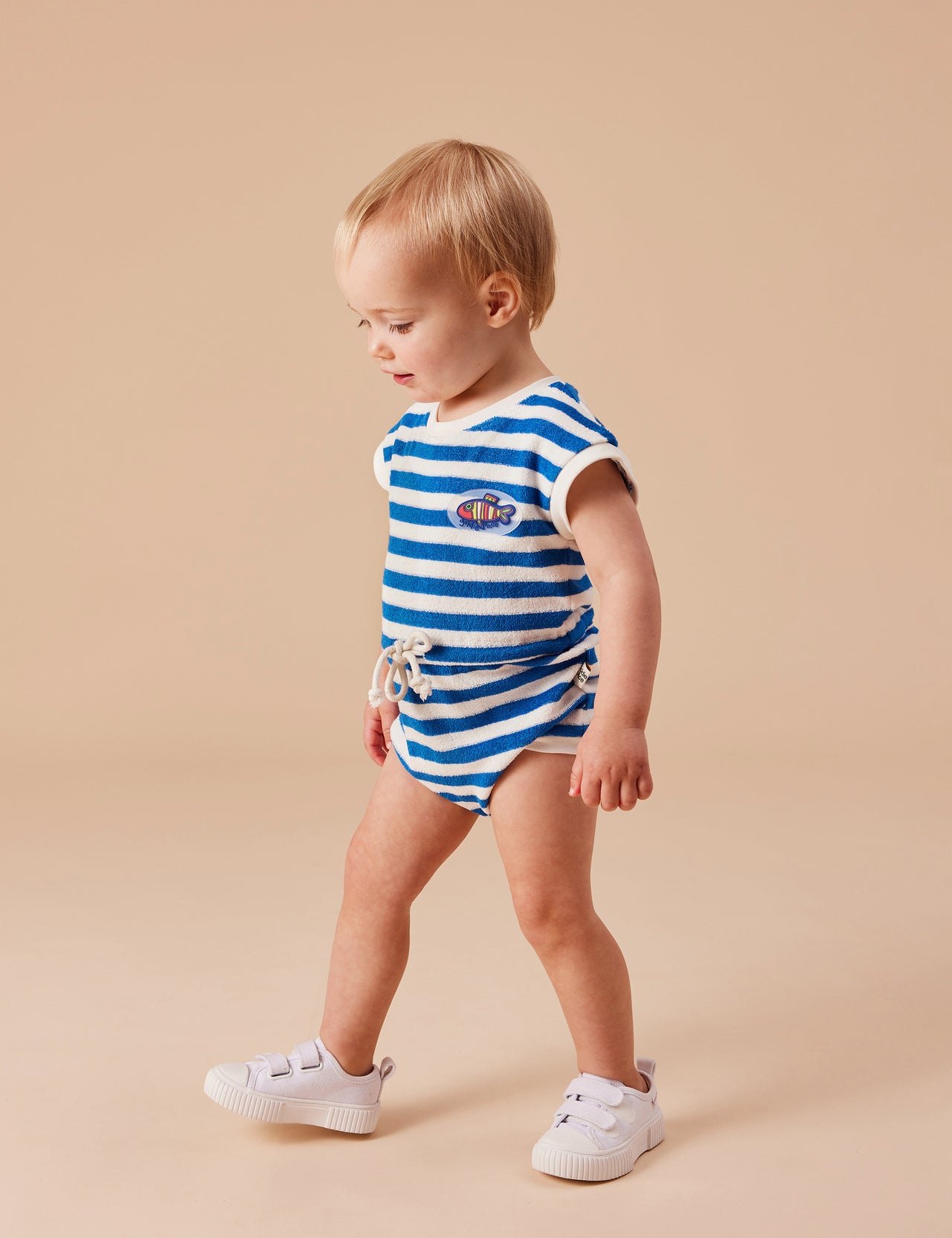 Little Fishy Terry Towelling Romper Azure Stripe