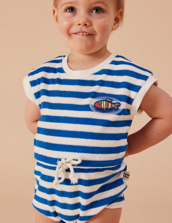 Little Fishy Terry Towelling Romper Azure Stripe