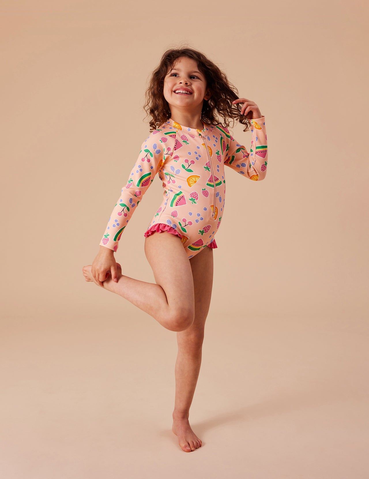 Fruit Salad Long Sleeve Swimsuit Peach Multi