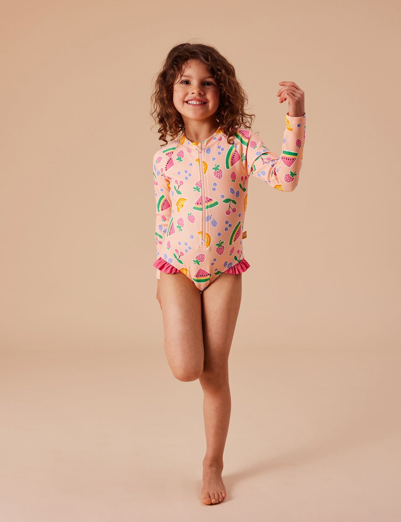 Fruit Salad Long Sleeve Swimsuit Peach Multi