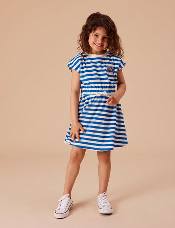 Little Fishy Terry Towelling Tie Dress Azure Stripe