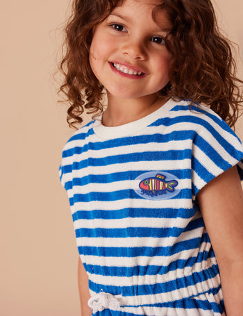 Little Fishy Terry Towelling Tie Dress Azure Stripe