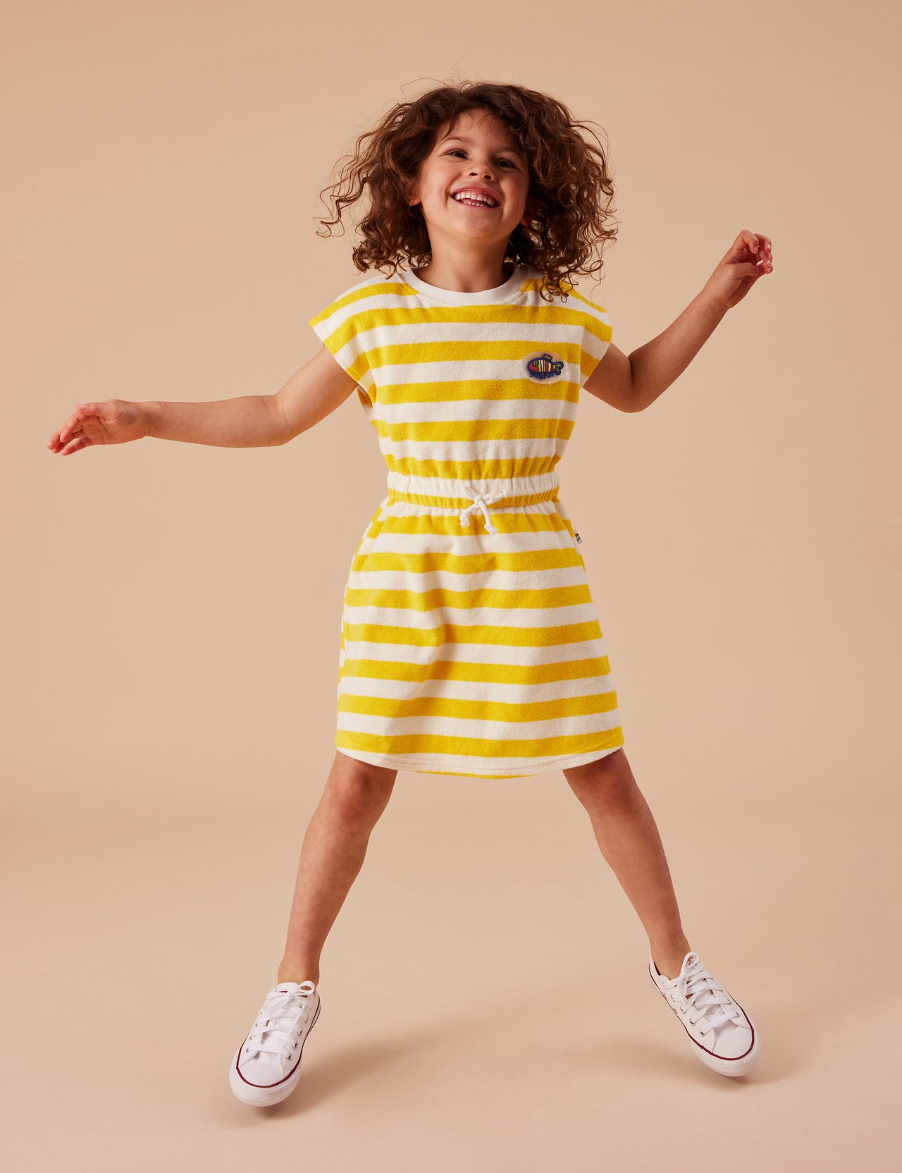 Little Fishy Terry Towelling Tie Dress Lemon Stripe