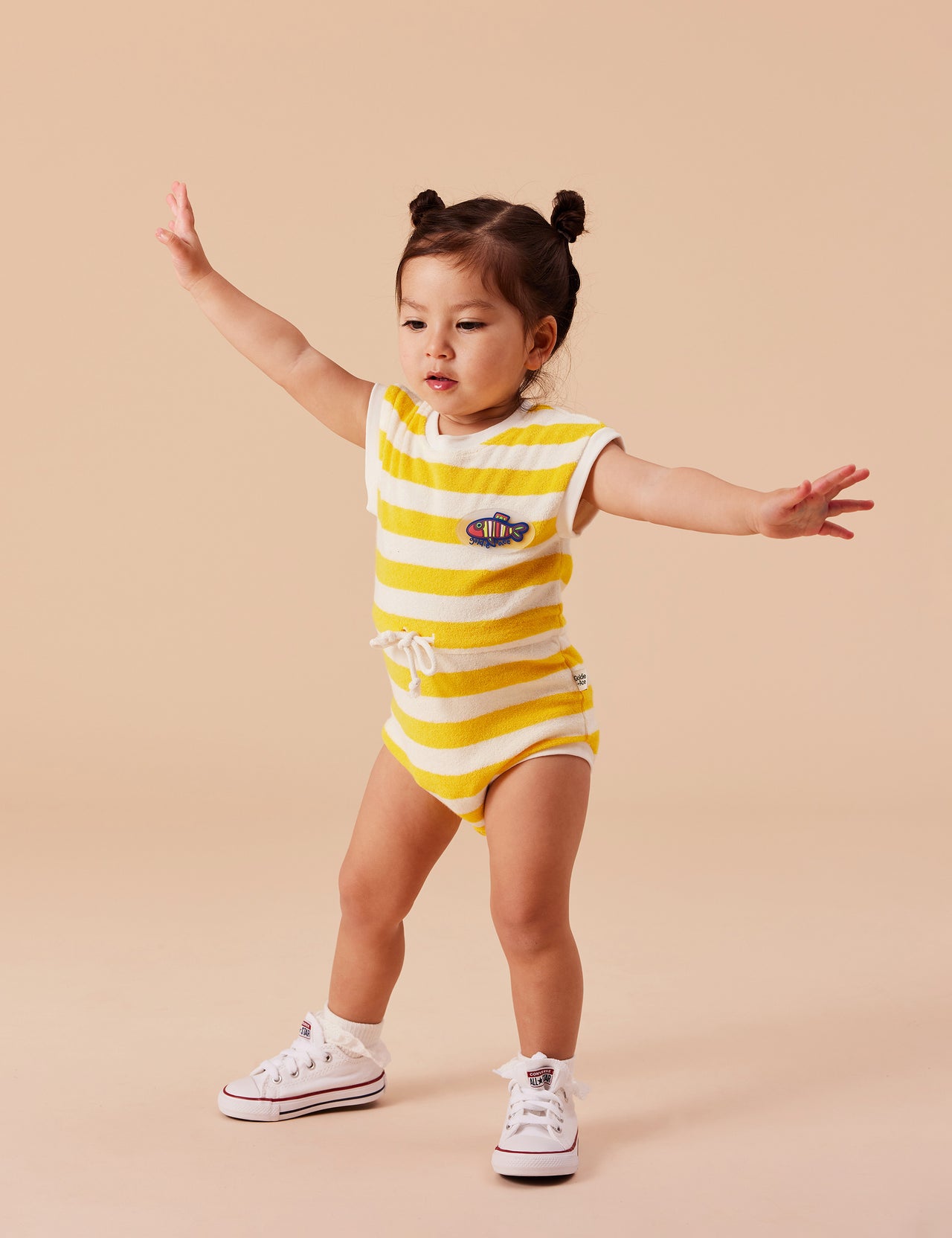 Little Fishy Terry Towelling Romper Lemon Stripe