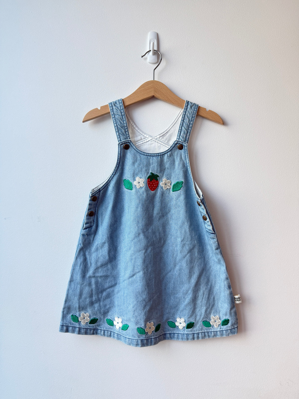 DENIM STRAWBERRY PINAFORE DRESS (WRONG FIT - STRAPS TOO LONG) - 2Y