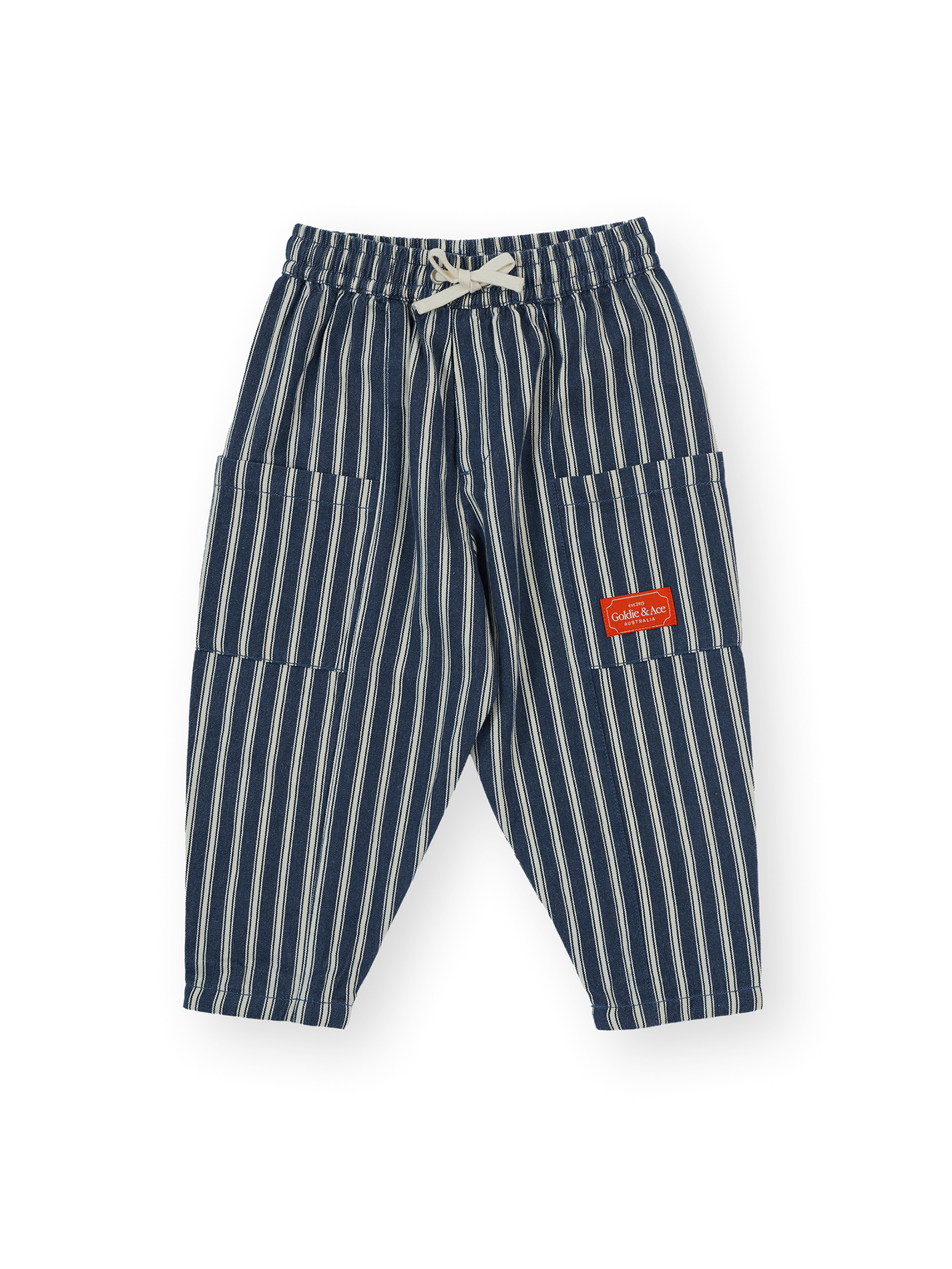 The Goldie + Ace Railroad Stripe Kit Pocket Pant in Indigo pictured on a transparent background. The material is 65% polyester 35% cotton. It is a pant made for babies, toddlers and kids.