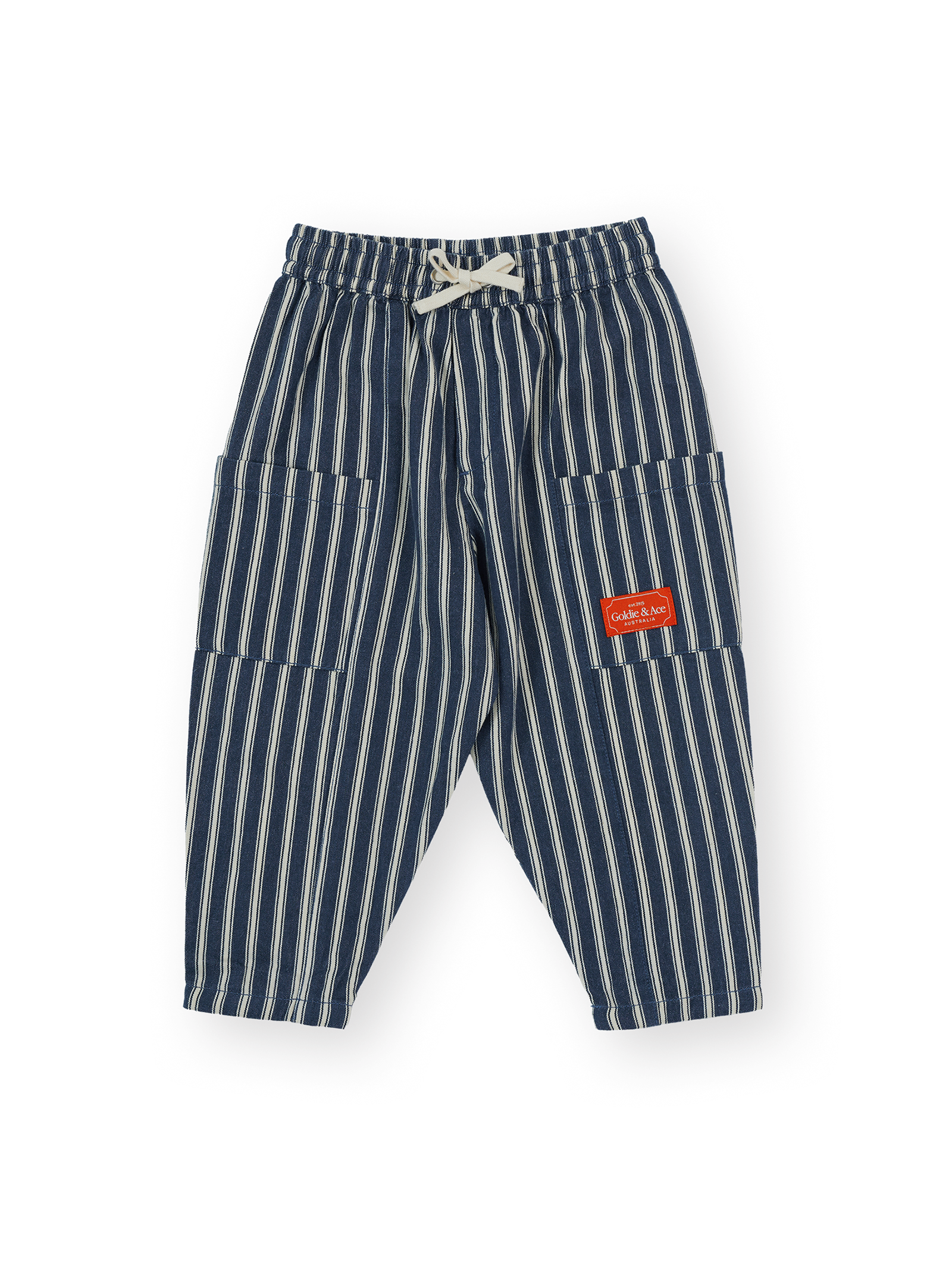 The Goldie + Ace Railroad Stripe Kit Pocket Pant in Indigo pictured on a transparent background. The material is 65% polyester 35% cotton. It is a pant made for babies, toddlers and kids.