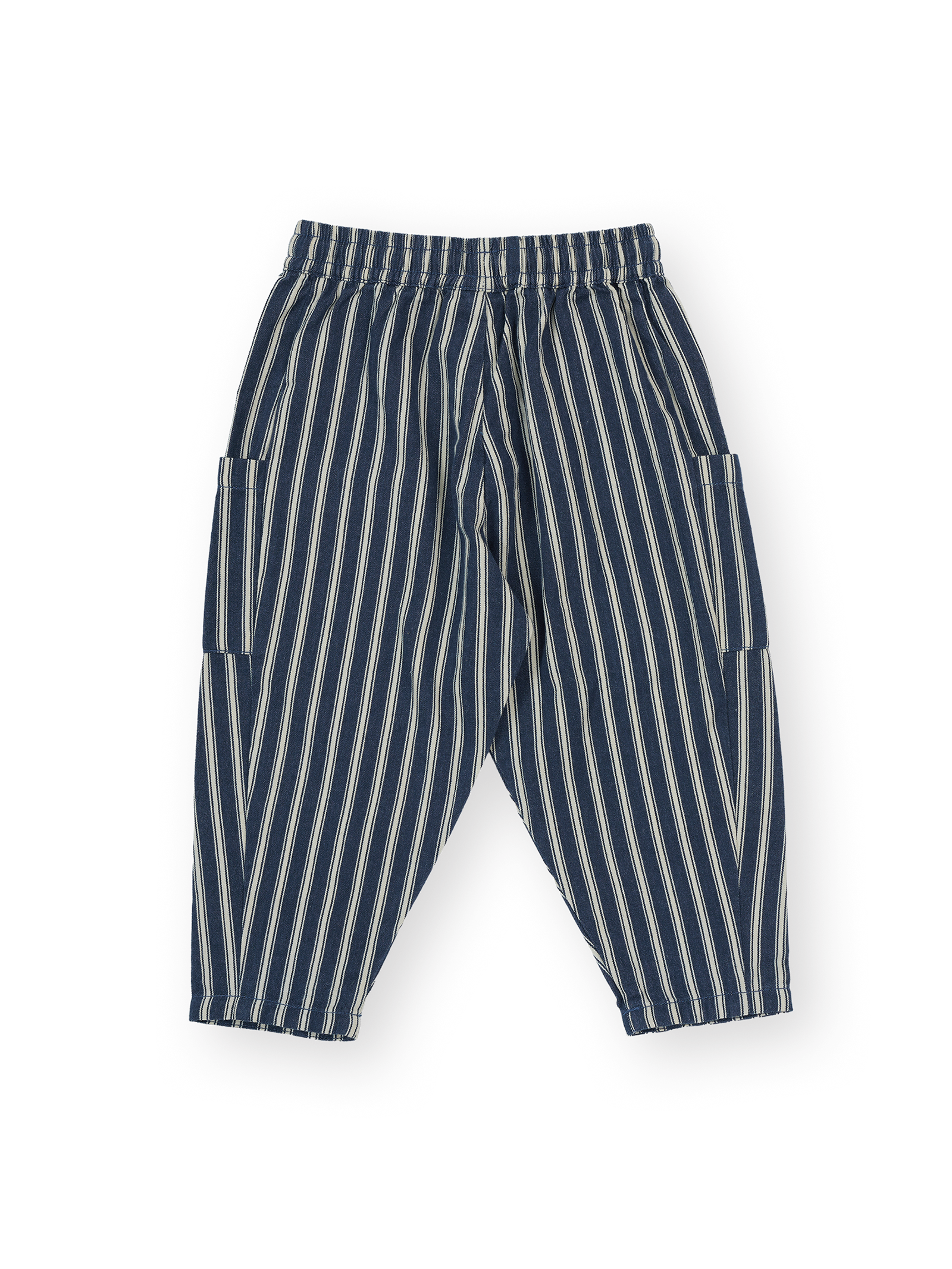 The Goldie + Ace Railroad Stripe Kit Pocket Pant in Indigo pictured on a transparent background. The material is 65% polyester 35% cotton. It is a pant made for babies, toddlers and kids.