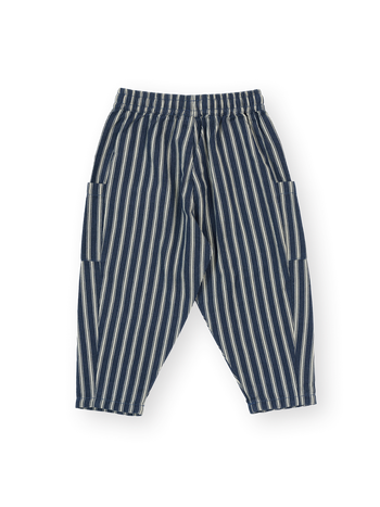 The Goldie + Ace Railroad Stripe Kit Pocket Pant in Indigo pictured on a transparent background. The material is 65% polyester 35% cotton. It is a pant made for babies, toddlers and kids.
