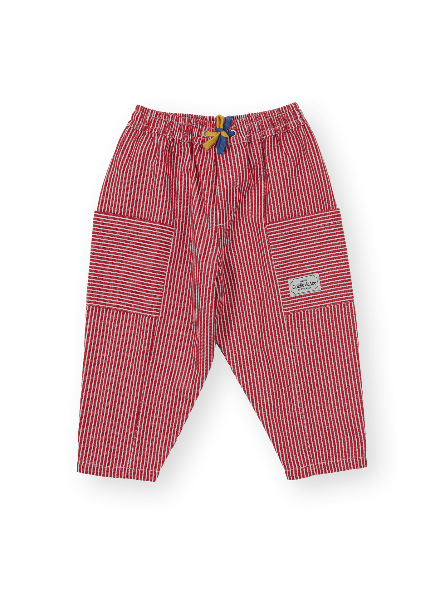 The Goldie + Ace Twist Stripe Kit Pocket Pant in Red pictured on a transparent background. The material is 55% polyester 45% cotton. It is a pant made for babies, toddlers and kids.