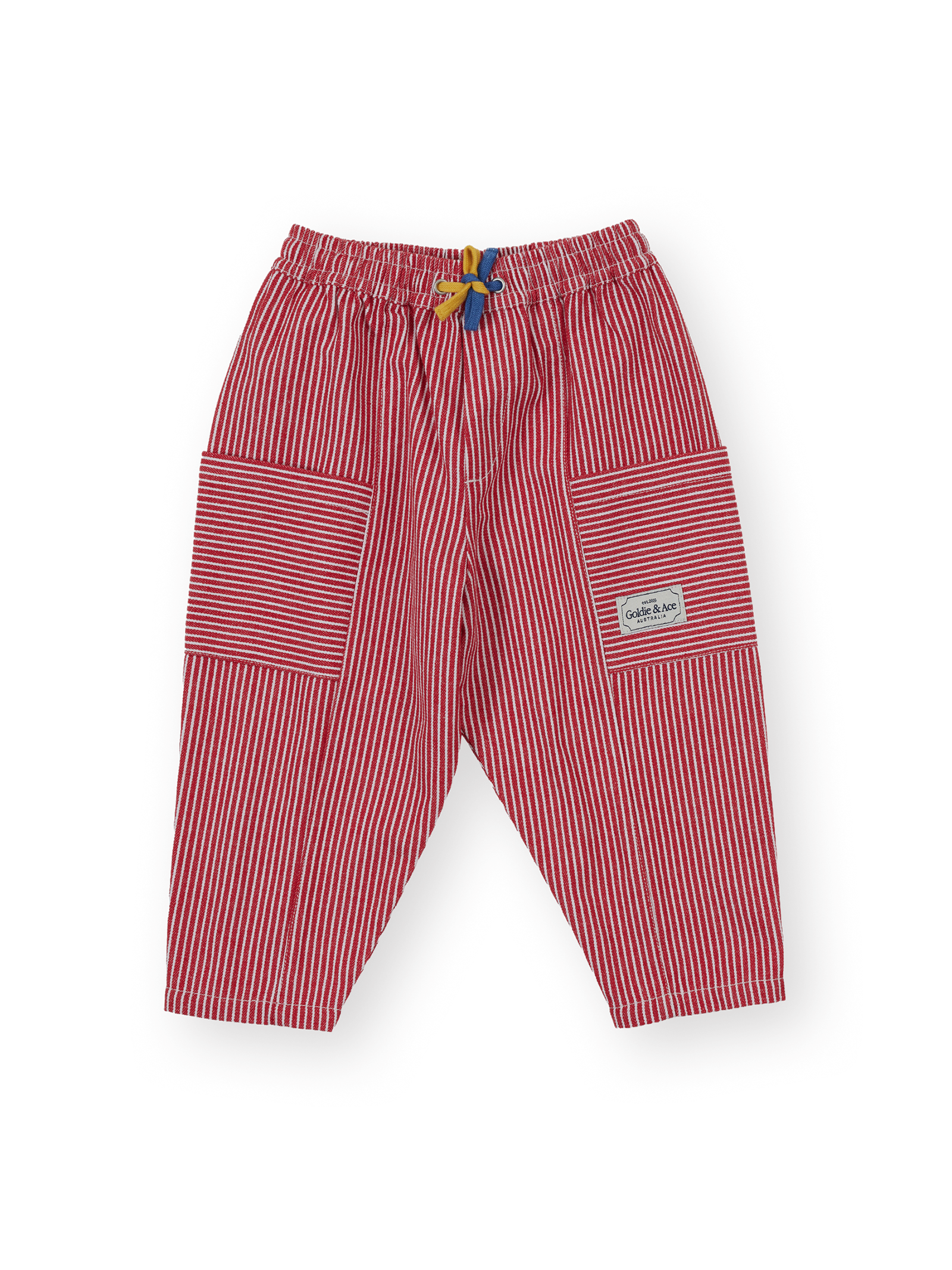 The Goldie + Ace Twist Stripe Kit Pocket Pant in Red pictured on a transparent background. The material is 55% polyester 45% cotton. It is a pant made for babies, toddlers and kids.