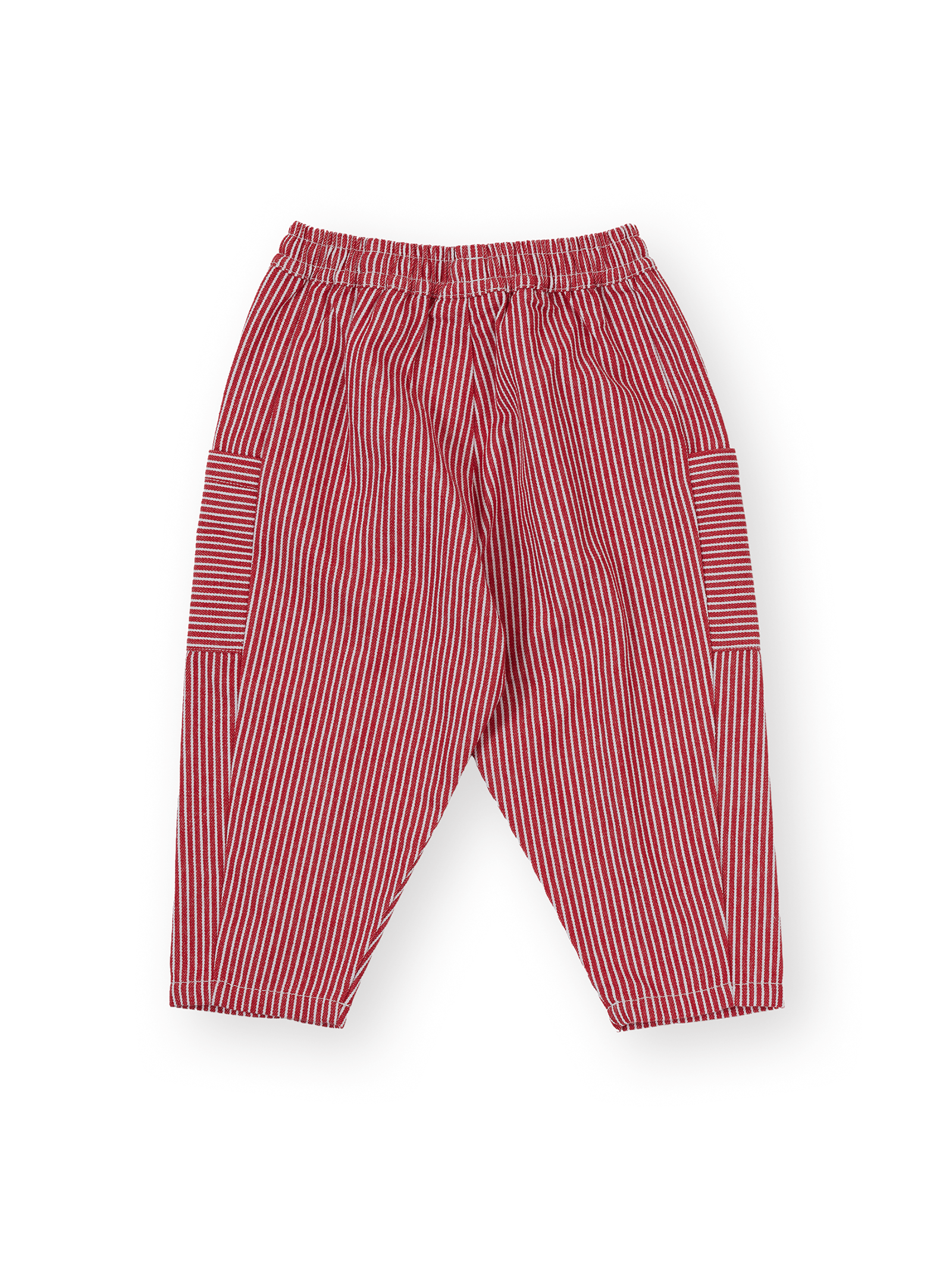 The Goldie + Ace Twist Stripe Kit Pocket Pant in Red pictured on a transparent background. The material is 55% polyester 45% cotton. It is a pant made for babies, toddlers and kids.