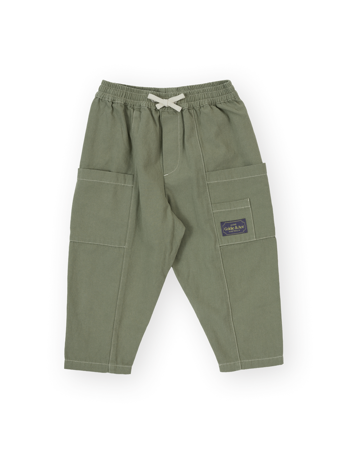 The Goldie + Ace Carpenter Utility Kit Pocket Pant in Sage pictured on a transparent background. The material is 100% cotton. It is a pant made for babies, toddlers and kids.
