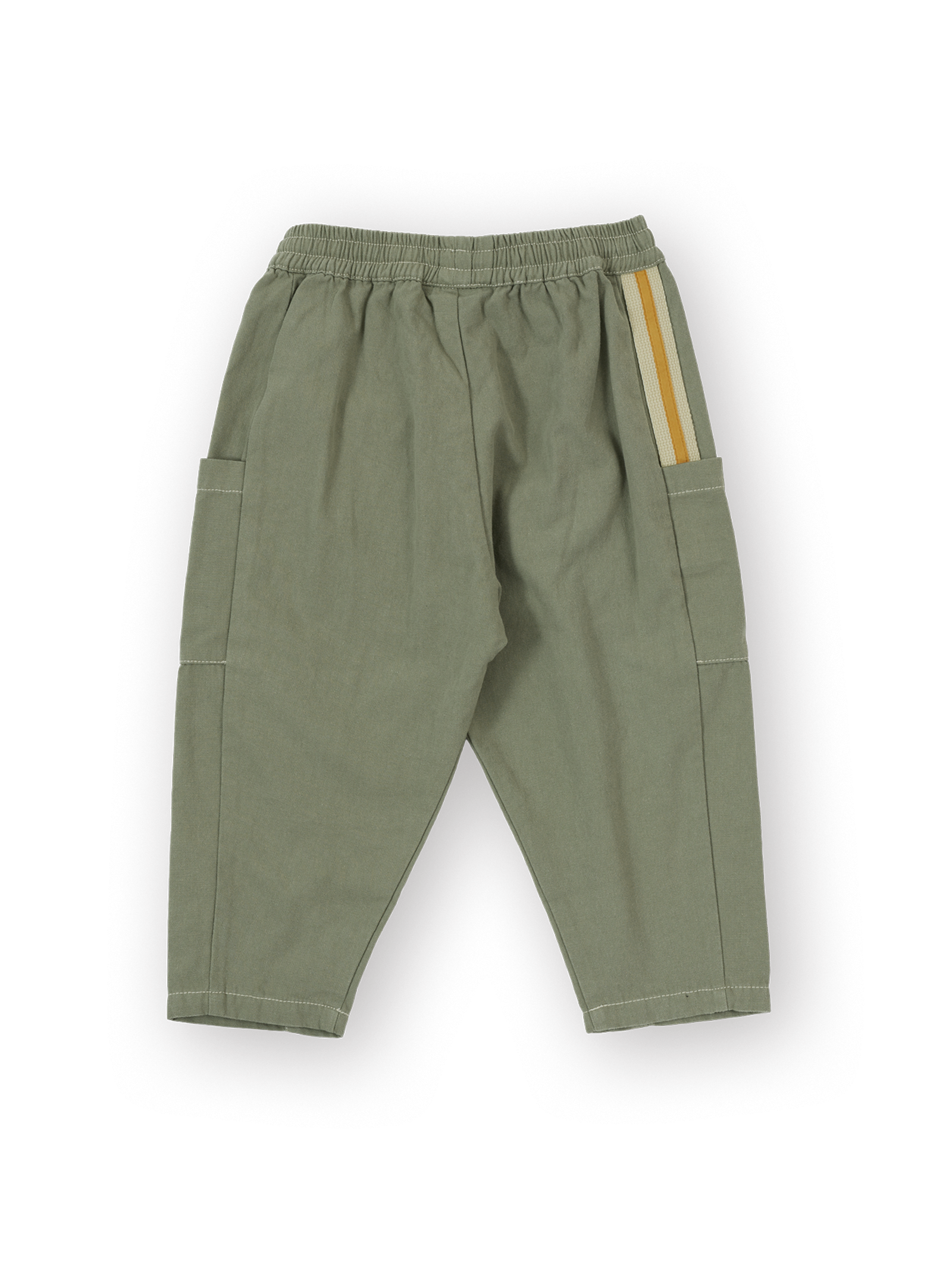 The Goldie + Ace Carpenter Utility Kit Pocket Pant in Sage pictured on a transparent background. The material is 100% cotton. It is a pant made for babies, toddlers and kids.