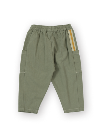 The Goldie + Ace Carpenter Utility Kit Pocket Pant in Sage pictured on a transparent background. The material is 100% cotton. It is a pant made for babies, toddlers and kids.