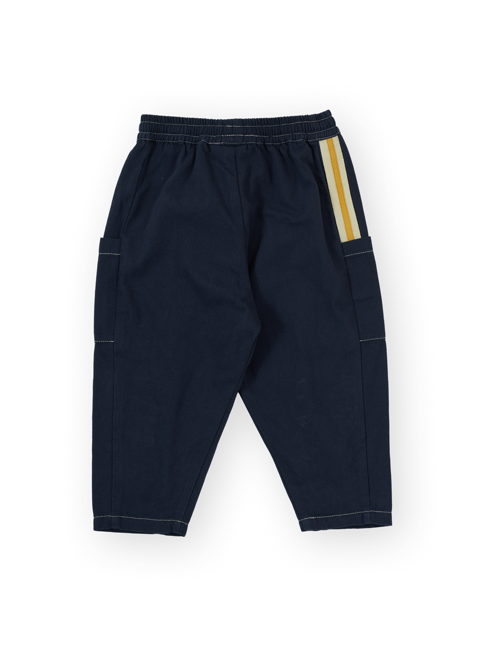 The Goldie + Ace Carpenter Utility Kit Pocket Pant in Navy pictured on a transparent background. The material is 100% cotton. It is a pant made for babies, toddlers and kids.
