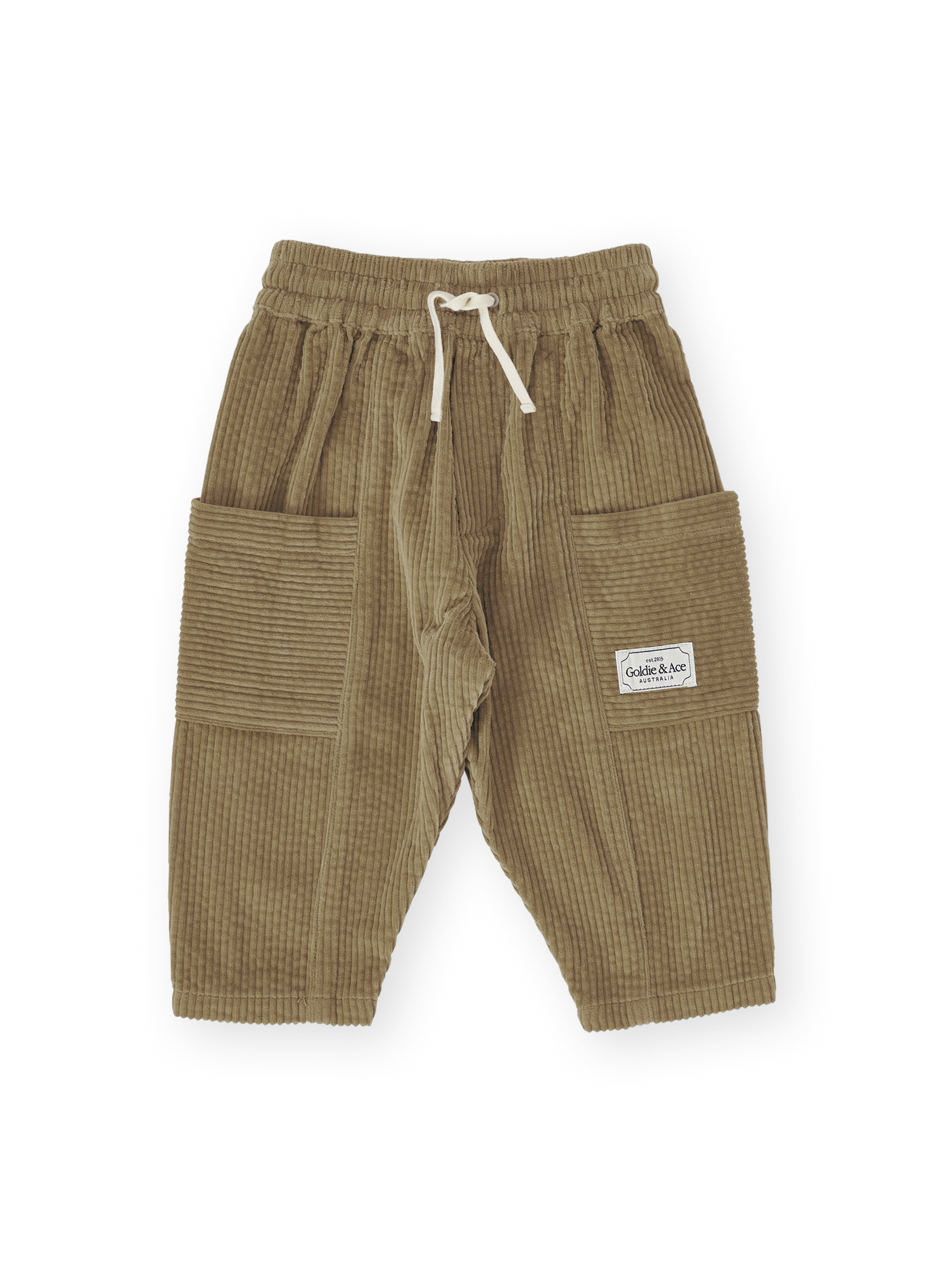 The Goldie + Ace Kit Corduroy Pocket Pant in Khaki pictured on a transparent background. The material is 100% cotton. It is a pant made for babies, toddlers and kids.