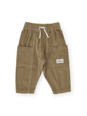 The Goldie + Ace Kit Corduroy Pocket Pant in Khaki pictured on a transparent background. The material is 100% cotton. It is a pant made for babies, toddlers and kids.