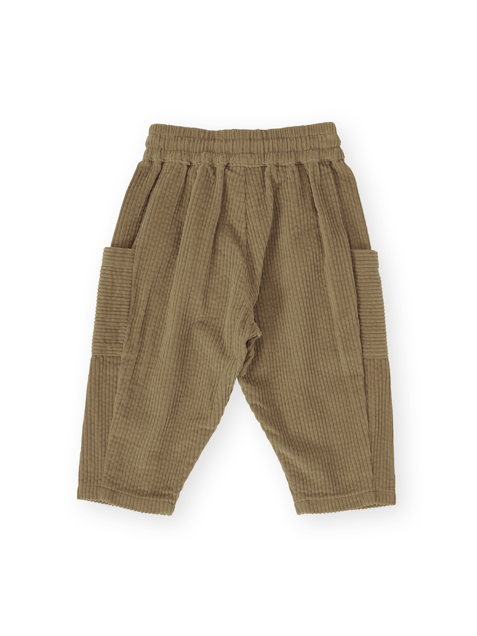 The Goldie + Ace Kit Corduroy Pocket Pant in Khaki pictured on a transparent background. The material is 100% cotton. It is a pant made for babies, toddlers and kids.