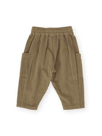 The Goldie + Ace Kit Corduroy Pocket Pant in Khaki pictured on a transparent background. The material is 100% cotton. It is a pant made for babies, toddlers and kids.